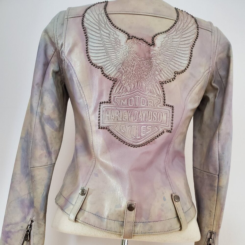 Harley leather biker motorcycle jacket pink white blue stud eagle small vintage